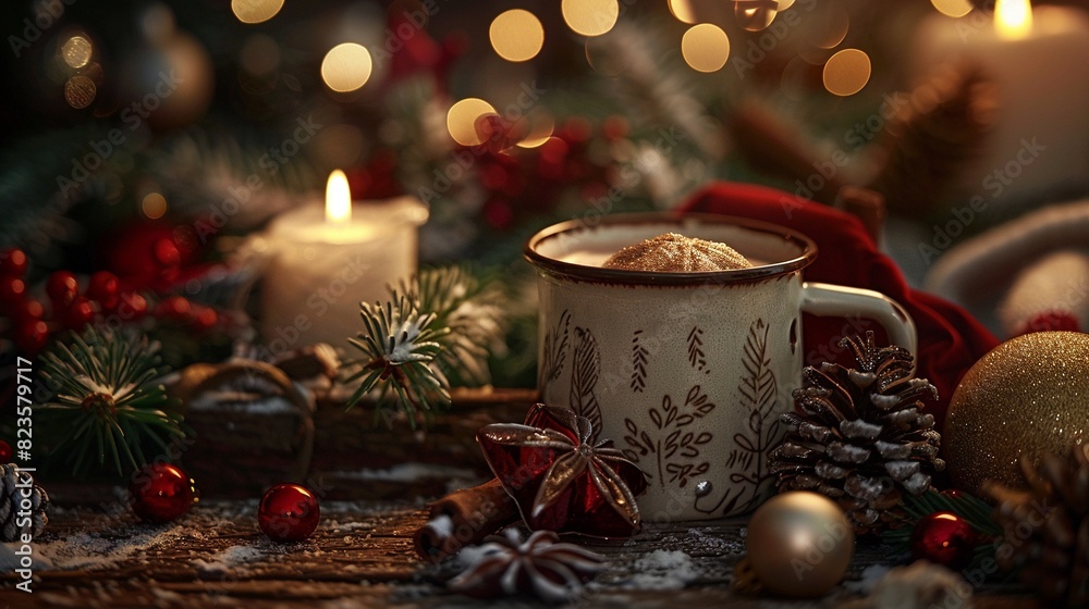 Hot chocolate in a mug, nestled in a Christmas still life setting, evoking a cozy and warm atmosphere, holiday decorations around Hot chocolate in a mug, nestled in a Christmas still life setting, evoking a cozy and warm atmosphere, holiday decorations around