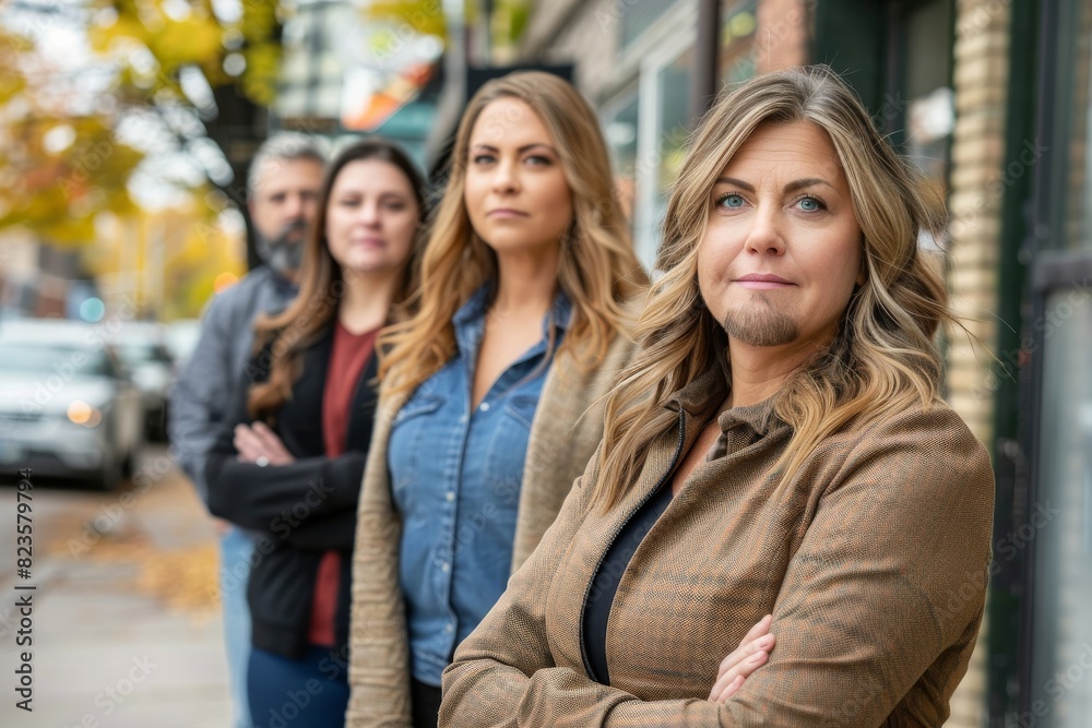 Portrait of confident businesswoman standing in front of her business team Portrait of confident businesswoman standing in front of her business team