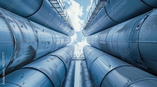 Hydrogen storage hub with towering hydrogen tanks, viewed from beneath, capturing the industrial and energy-efficient environment photo