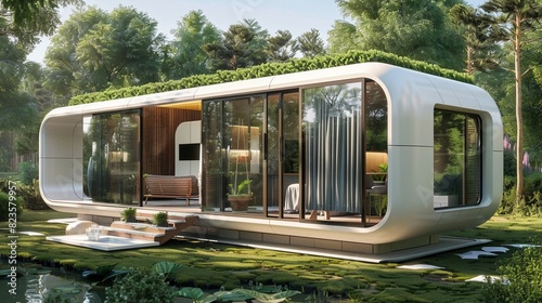 Innovative modular home utilizing green hydrogen energy, close-up view with a focus on futuristic energy solutions and sustainable design