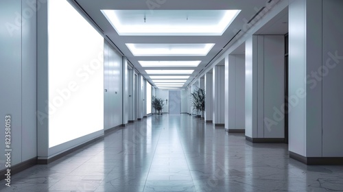 A long  empty hallway with white walls and bright lights. There are doors on both sides of the hall and plants in the distance.
