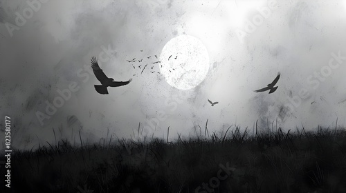 Paper Cut Style Dusty Dark Horizon with Crows Portending an Ominous Atmosphere