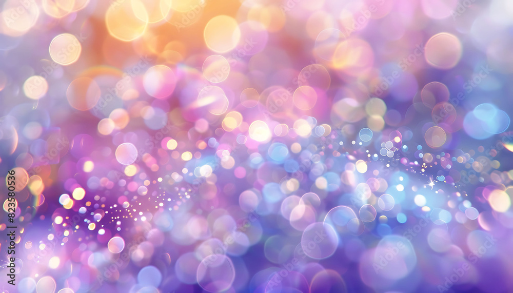 Abstract background with a dreamy bokeh effect in pastel colors, featuring soft light spots in shades of purple, blue, gold, yellow, white, silver, and pink, creating a whimsical and calming visual Abstract background with a dreamy bokeh effect in pastel colors, featuring soft light spots in shades of purple, blue, gold, yellow, white, silver, and pink, creating a whimsical and calming visual