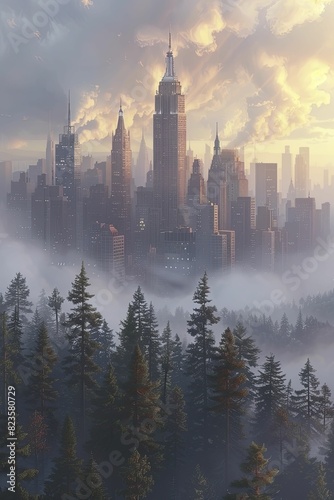 Foggy city skyline symbolizing the blending of urban and natural worlds, perfect for eco friendly city planning presentations.