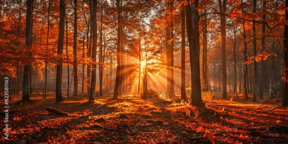 autumn landscape in a forest with sunset