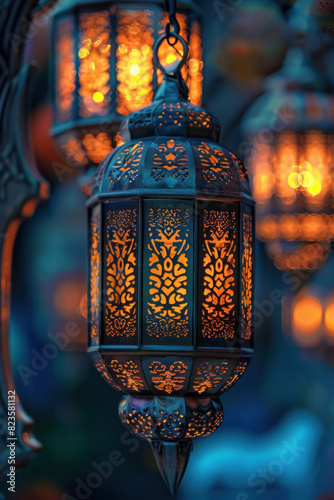 Vibrant Eid Lantern Patterns Close-Up, Eid feast, Islamic celebration, Family feast.