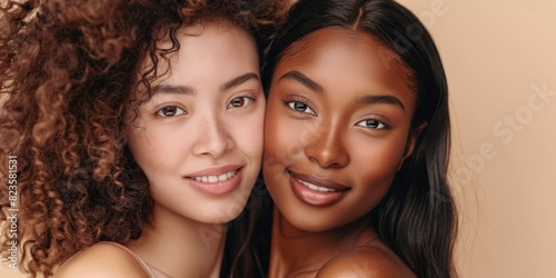Skin, beauty, and portrait of female friends in studio for diversity, inclusiveness, and wellness. Happy individuals on neutral background for facial care, dermatological glow, or natural cosmetics. © LukaszDesign