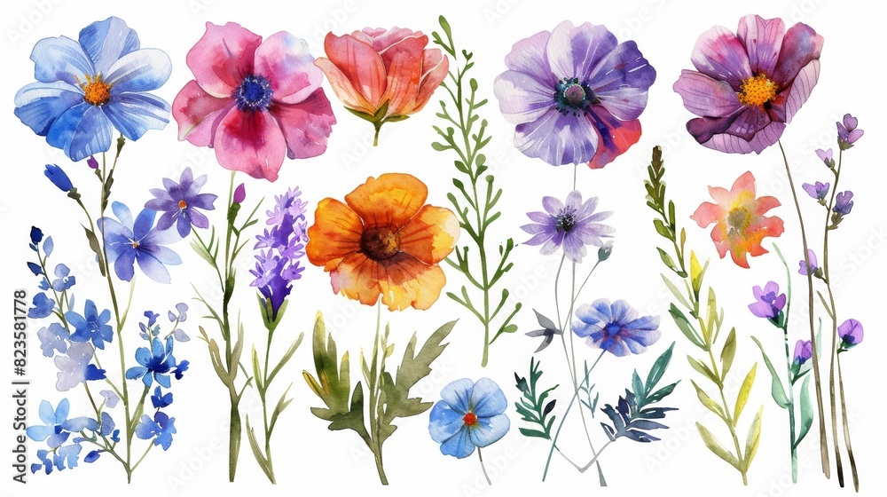 A beautiful watercolor painting of a variety of flowers, including poppies, daisies, and roses