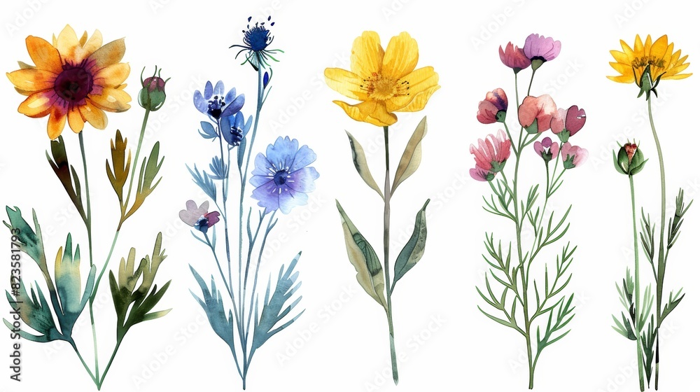 A beautiful watercolor painting of a variety of wildflowers. The flowers are in shades of yellow, blue, pink, and purple. The painting has a soft, dreamy feel to it.