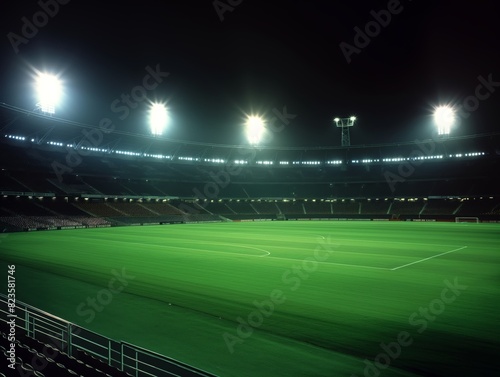 A brightly lit, empty stadium at night, showcasing a well-maintained green field and grandstands. © cherezoff