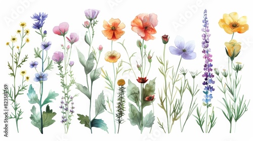 A beautiful watercolor painting of a variety of wildflowers. The flowers are in various shades of pink, purple, yellow, and blue. The painting has a soft, dreamy feel to it.