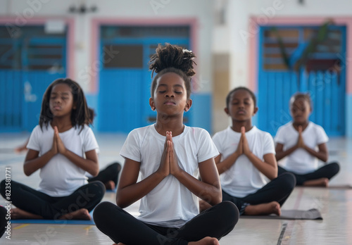 A group of children sitting in the gym at school, doing yoga and meditation together to relax their bodies after class