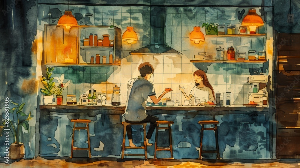 A couple is sitting at a bar counter, drinking and chatting
