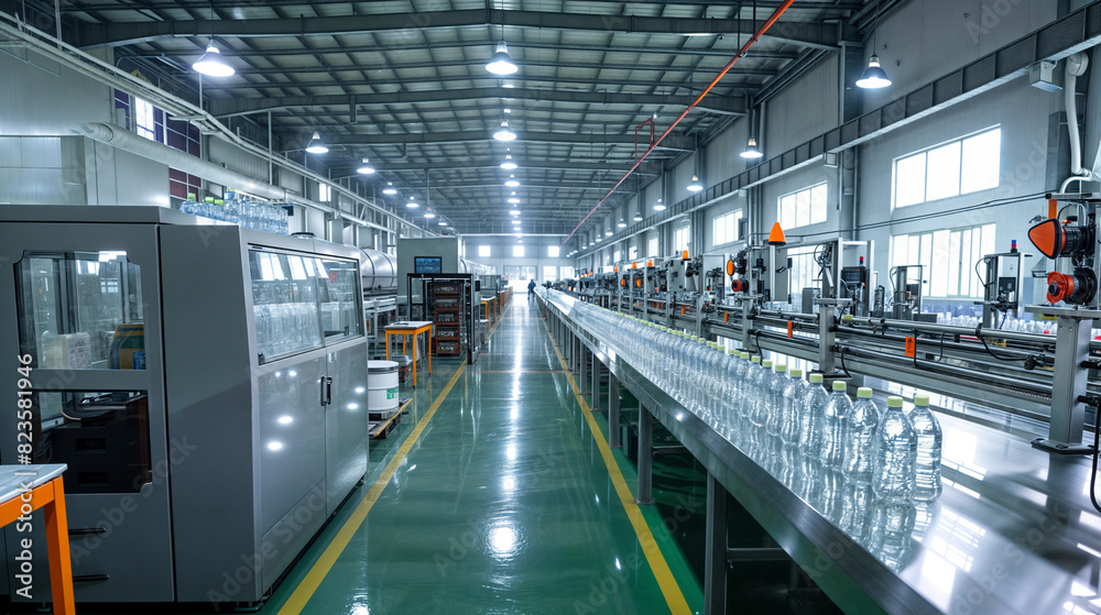 Long View of a Modern Bottling Factory with Various Machinery and Water Bottles on Conveyor Belts, Emphasizing Scale and Automation Long View of a Modern Bottling Factory with Various Machinery and Water Bottles on Conveyor Belts, Emphasizing Scale and Automation