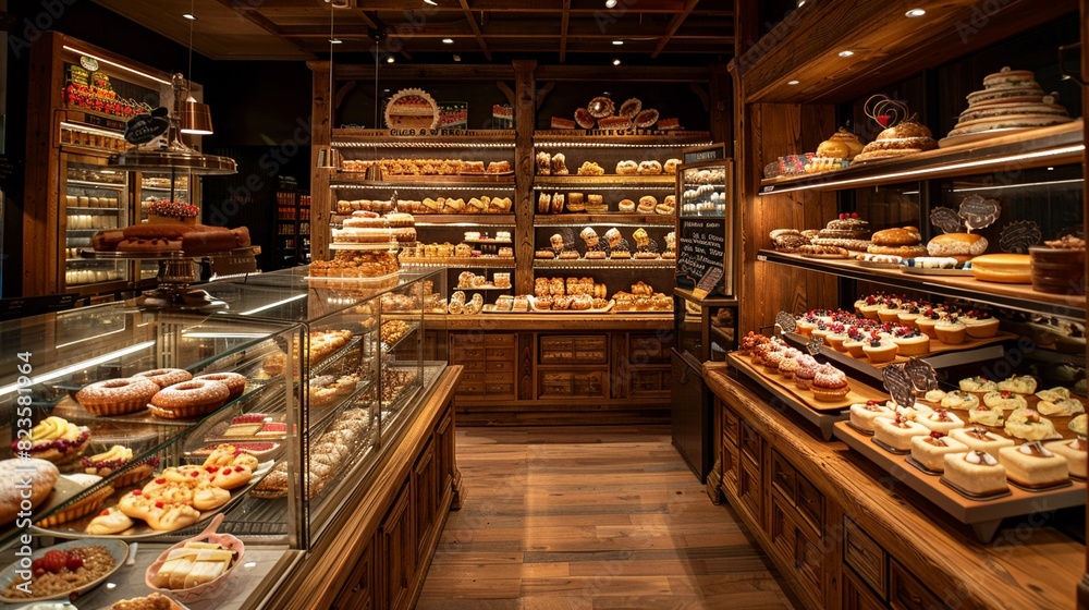 Boutique bakery with invitingly lit interiors, displaying specialty cakes and pastries in glass cases and wooden shelves