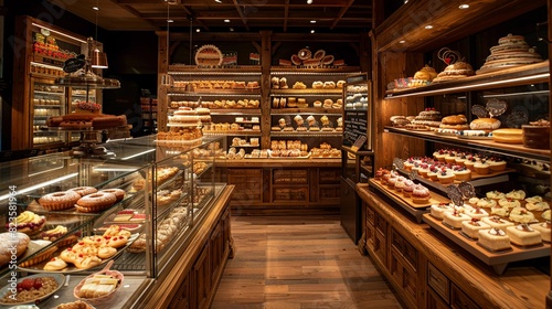 Boutique bakery with invitingly lit interiors, displaying specialty cakes and pastries in glass cases and wooden shelves photo