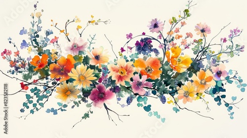 Fototapeta Naklejka Na Ścianę i Meble -  A beautiful watercolor painting of a floral arrangement. The flowers are in various shades of pink, yellow, and purple, with green leaves.