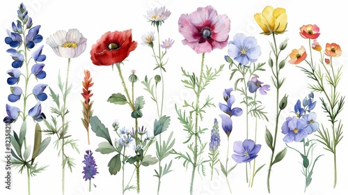 A beautiful watercolor painting of a variety of flowers, including poppies, daisies, and lupines photo