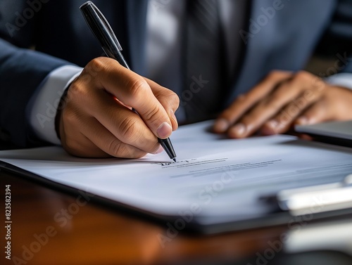 Close-up of a businessman in a suit signing a document at a desk, symbolizing professionalism and agreement.
