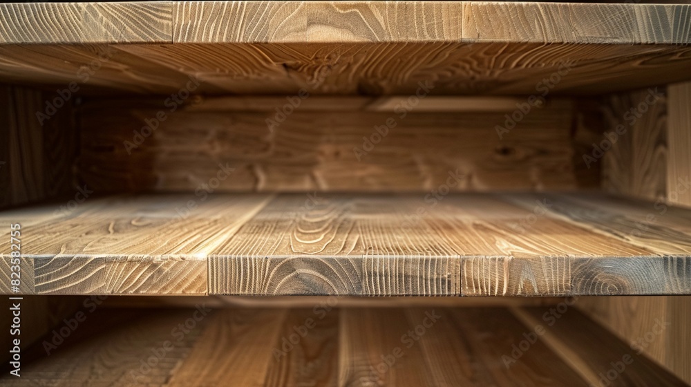Wooden retail shelves, empty and ready for display, close-up with studio lighting to highlight the craftsmanship and natural wood grain Wooden retail shelves, empty and ready for display, close-up with studio lighting to highlight the craftsmanship and natural wood grain