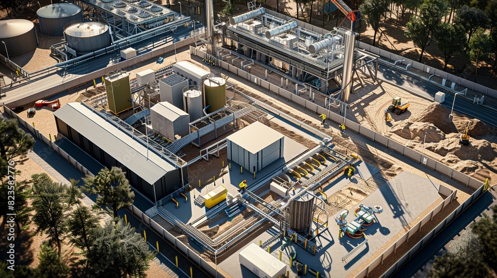 Overview of a hydrogen storage hub under construction, emphasizing green hydrogen energy technology, detailed construction activity
