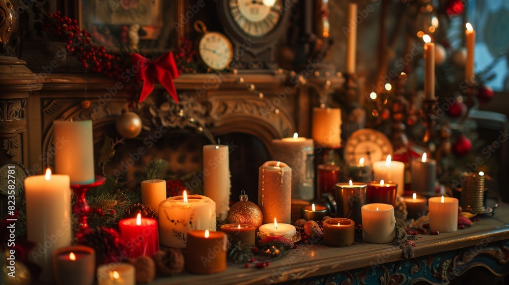 Warm Christmas still life with an array of burning candles, different shapes and sizes, clocks in the background, creating a romantic holiday atmosphere