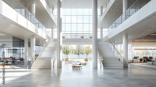 Wallpaper Mural Modern office building interior with staircase and glass windows, white walls, gray floor tiles, and high ceilings. In the center of the picture is an open space for business activities. 
 Torontodigital.ca