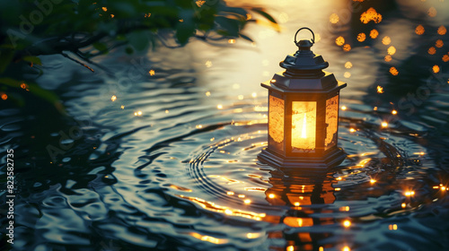 A magical lantern floating atop a serene pond, its ethereal light reflecting in shimmering ripples on the water's surface.