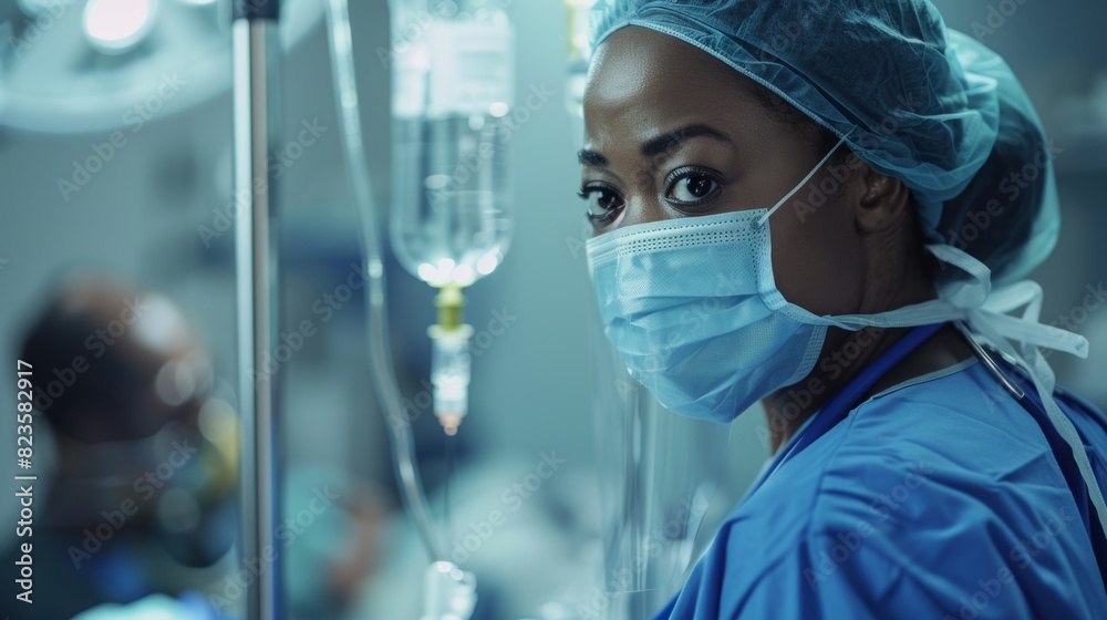 Theatre, team, surgeon woman, medical support, hospital, or healthcare solution in mask. In surgery, operating room, emergency, and life insurance, focus, thinking, and nurses help Theatre, team, surgeon woman, medical support, hospital, or healthcare solution in mask. In surgery, operating room, emergency, and life insurance, focus, thinking, and nurses help
