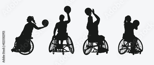 Silhouettes illustration of Wheelchair basketball player. Disabled athletes with different action, pose. Isolated on white background. Graphic vector.