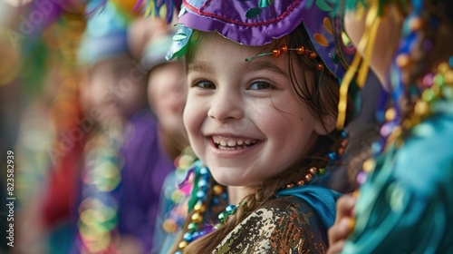 A young girl is smiling wearing a colorful Mardi Gras mask and beads.