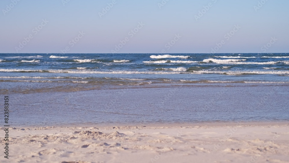 Windy Day Sea Waves Breaking at Seashore Beach Shallow Water Slow Motion Windy Day Sea Waves Breaking at Seashore Beach Shallow Water Slow Motion