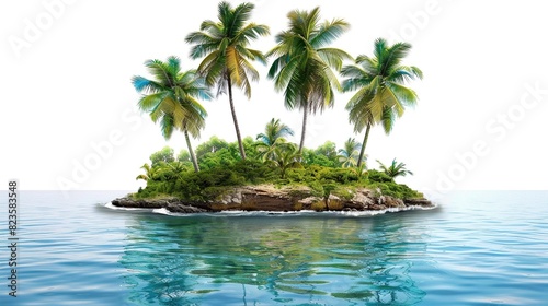 A small tropical island with green palm trees and white sand surrounded by blue ocean waters.
