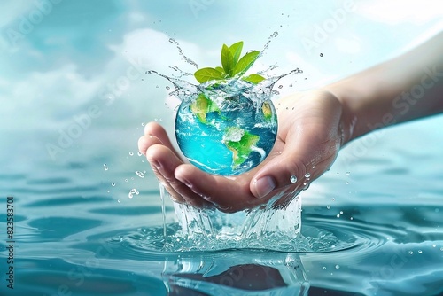 Close up of human hand holding Earth planet with water splashes on blue background. Save the planet