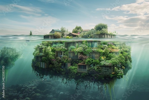 Floating island with house and plants floating in water. The concept of ecologically clean life photo