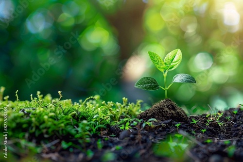 Green seedling growing in soil with bokeh background, Ecology concept. Sprout in the soil