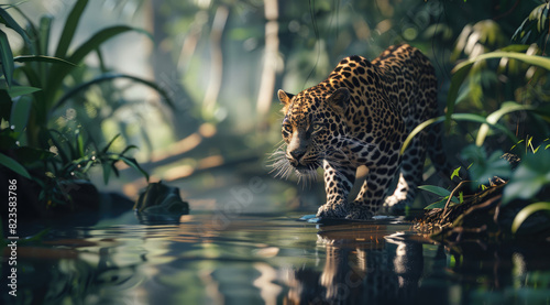 A majestic leopard gracefully walked along the riverbank, its spotted fur glistening in the sunlight, surrounded by lush greenery and shimmering water photo