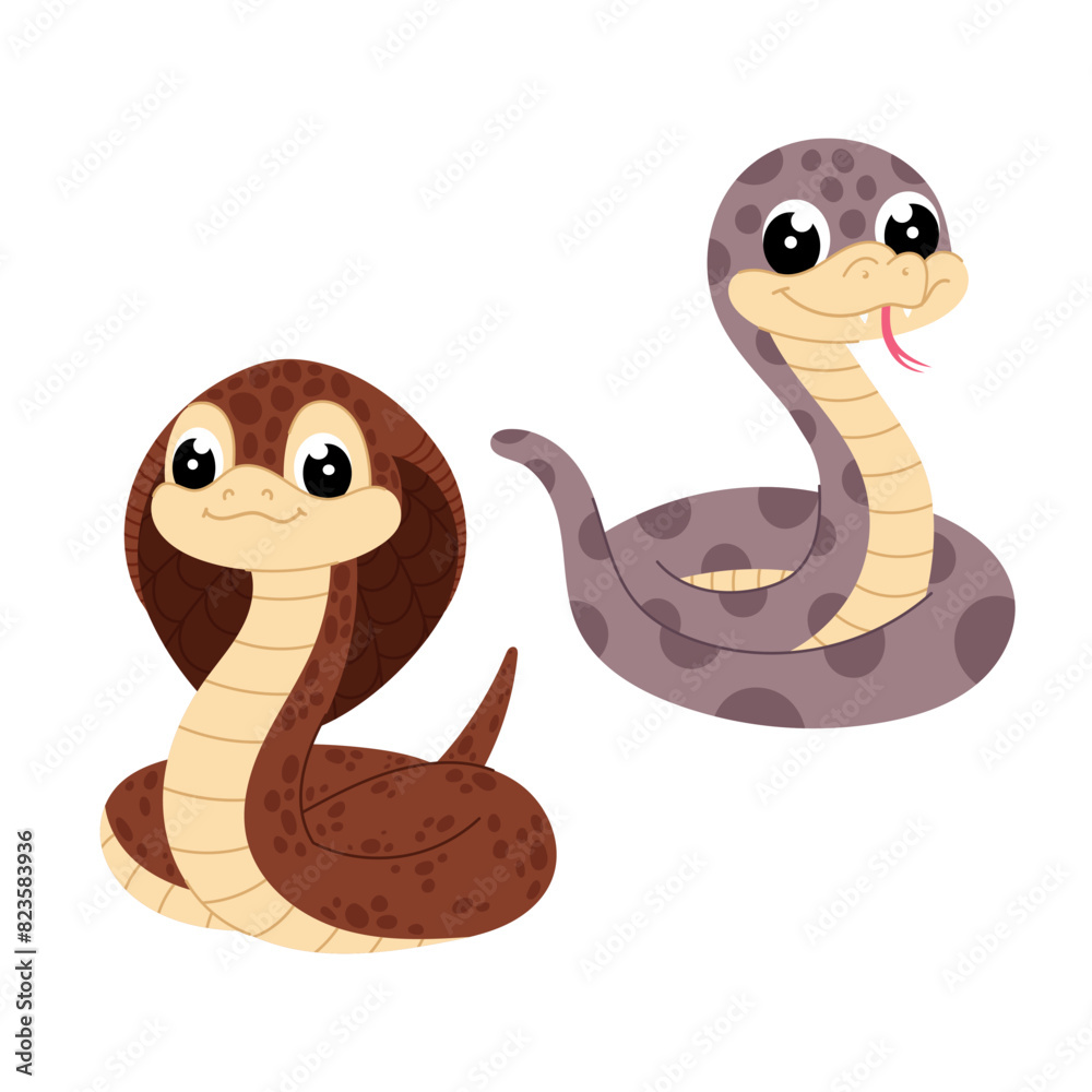 Set snake in flat style. Cartoon illustration of a cobra on a white background. Kids illustration. Symbol of the 2025 year. Set snake in flat style. Cartoon illustration of a cobra on a white background. Kids illustration. Symbol of the 2025 year.