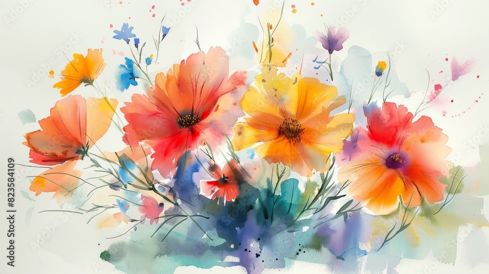 Abstract watercolor painting of flowers. Delicate orange and yellow flowers with blue and green leaves.