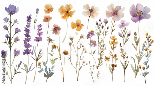 A variety of flowers painted in watercolor photo