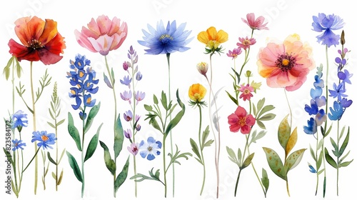 A variety of flowers painted in watercolor