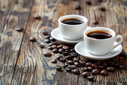 Hot coffee and bean coffee on the wooden table background.