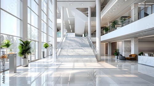 Modern office building interior with staircase and glass windows, white walls, gray floor tiles, and high ceilings. In the center of the picture is an open space for business activities. 