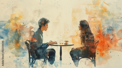 A watercolor painting of two people sitting at a cafe table, talking and laughing. The background is a blurry wash of color.