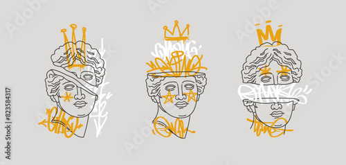Greek antique statue head with  street art graffiti tags. Editable vector Contemporary art concept. Grunge Pop Art poster, interior painting, print design. Modern abstract artwork template 6