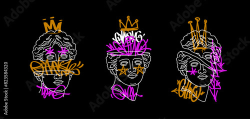Greek antique statue head with street art graffiti crown tags. Editable vector Contemporary art concept. Grunge Pop Art poster, interior painting, print design. Modern abstract artwork template 7