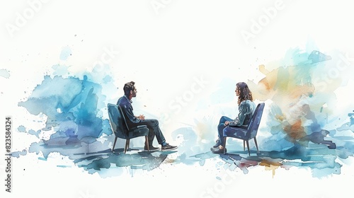 A watercolor painting of two people sitting in chairs and talking.