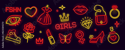 Girls fashion neon icons and signs of women's handbag, perfume, lady's slipper, queen crown, dress, pink lipstick. Lady's accessories and women's jewelry icons - vector template