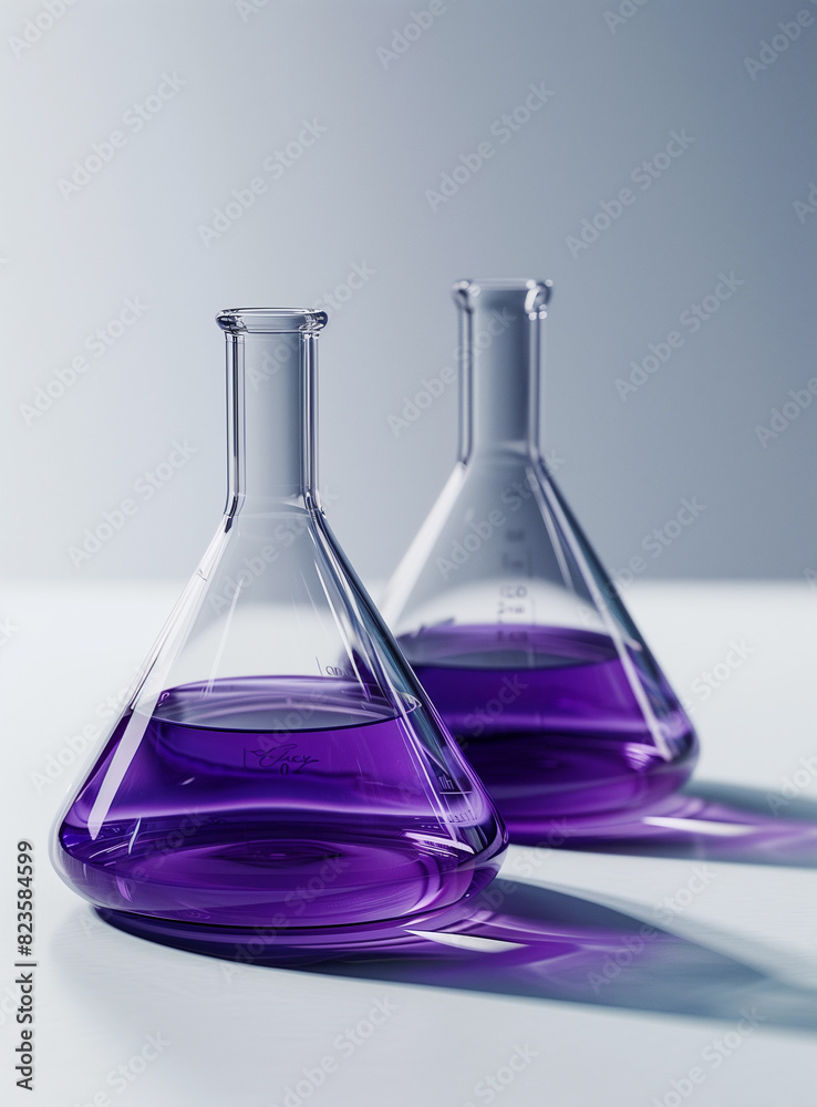 Two laboratory flasks with purple liquid. Two laboratory flasks with purple liquid.
