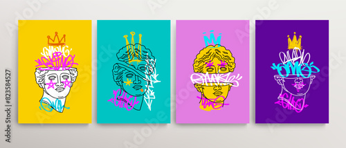 Greek antique statue head with  street art graffiti crown tags. Editable vector Contemporary art concept. Grunge Pop Art poster, interior painting, print design. Modern abstract artwork collection 5